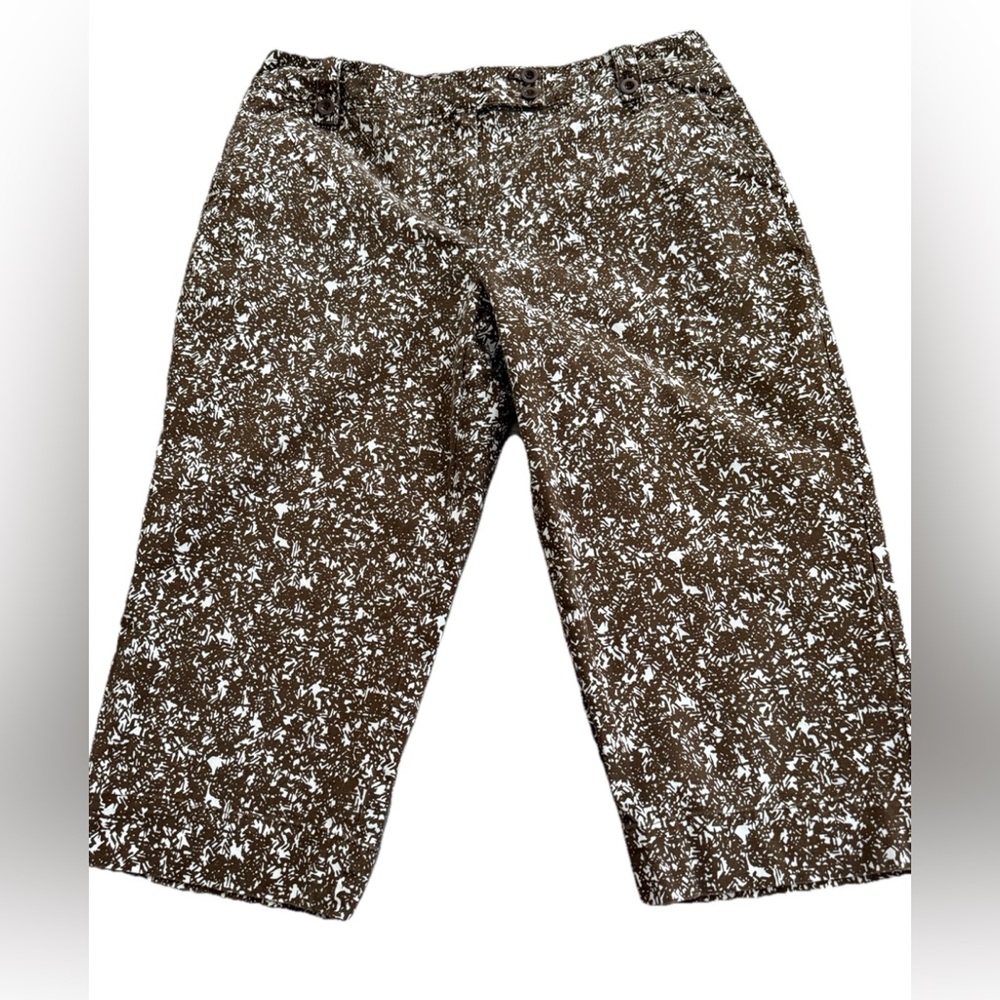 TALBOTS PETITES Brown + White Geometric Print Stretchy Summer Capri Pants Sz 12P
